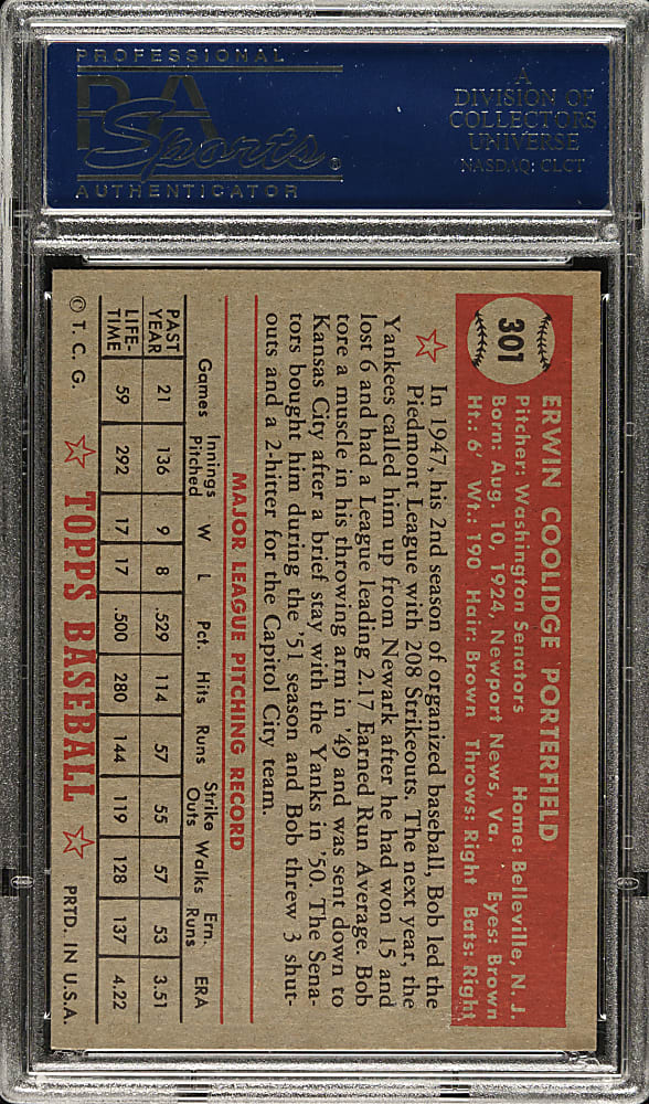 1952 Topps #301 Bob Porterfield PSA EX-MT 6