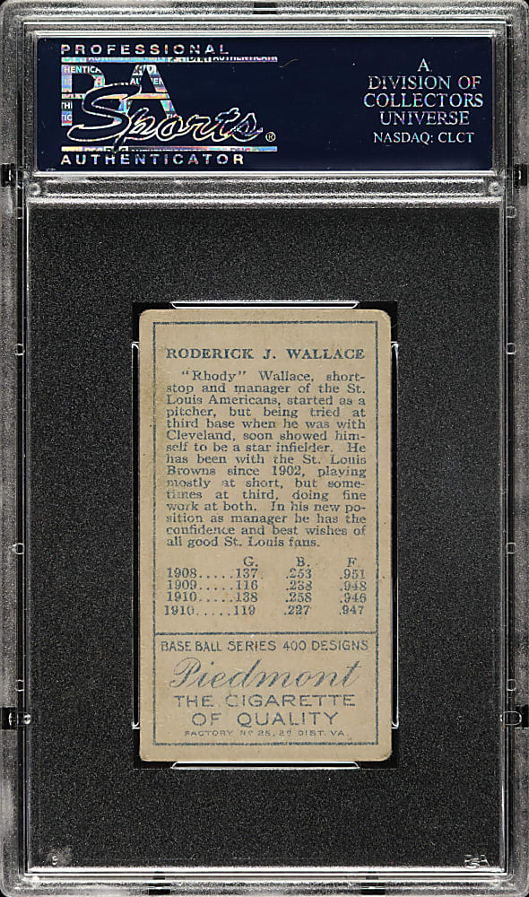 1911 T205 Gold Border Bobby Wallace No Cap, Two Lines of Stats PSA VG+ 3.5