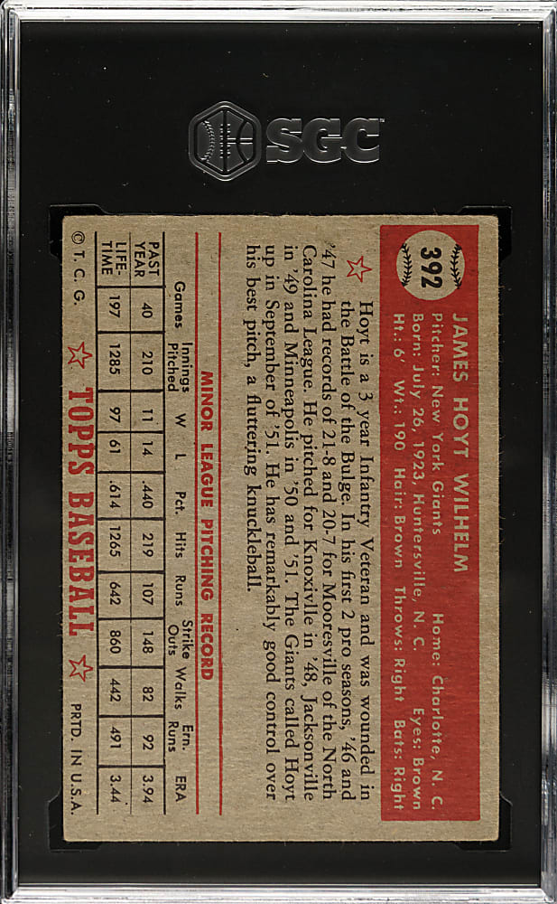 1952 Topps #392 Hoyt Wilhelm Rookie High Number SGC VG/EX+ 4.5