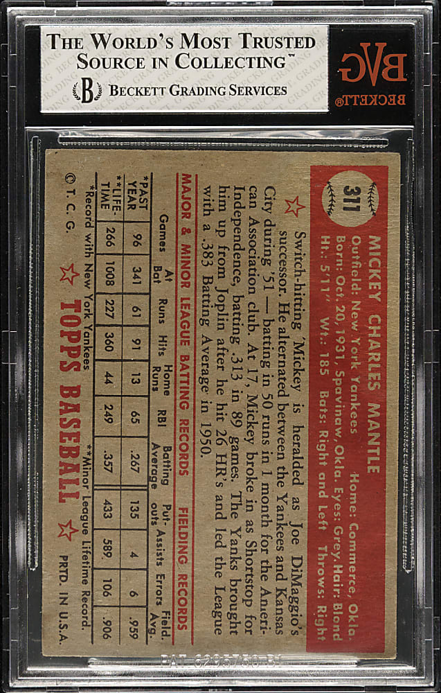 1952 Topps #311 Mickey Mantle BVG GOOD 2