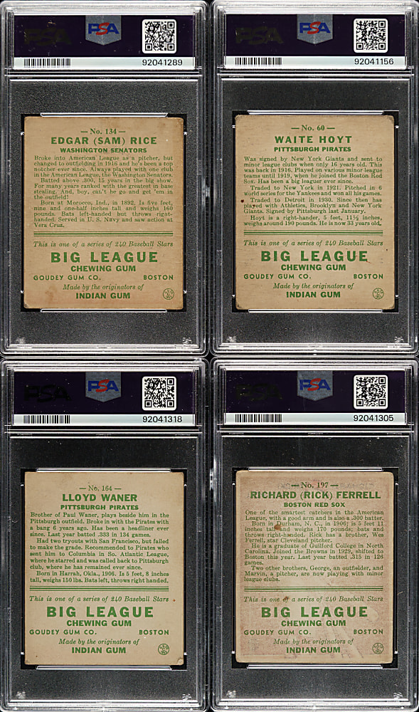 1933 R319 Goudey PSA-Graded Collection (19) Including Hoyt, Waner, Rice, and Ferrell