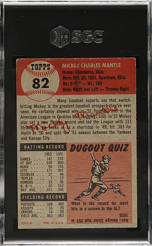 1953 Topps #82 Mickey Mantle SGC VG/EX 4