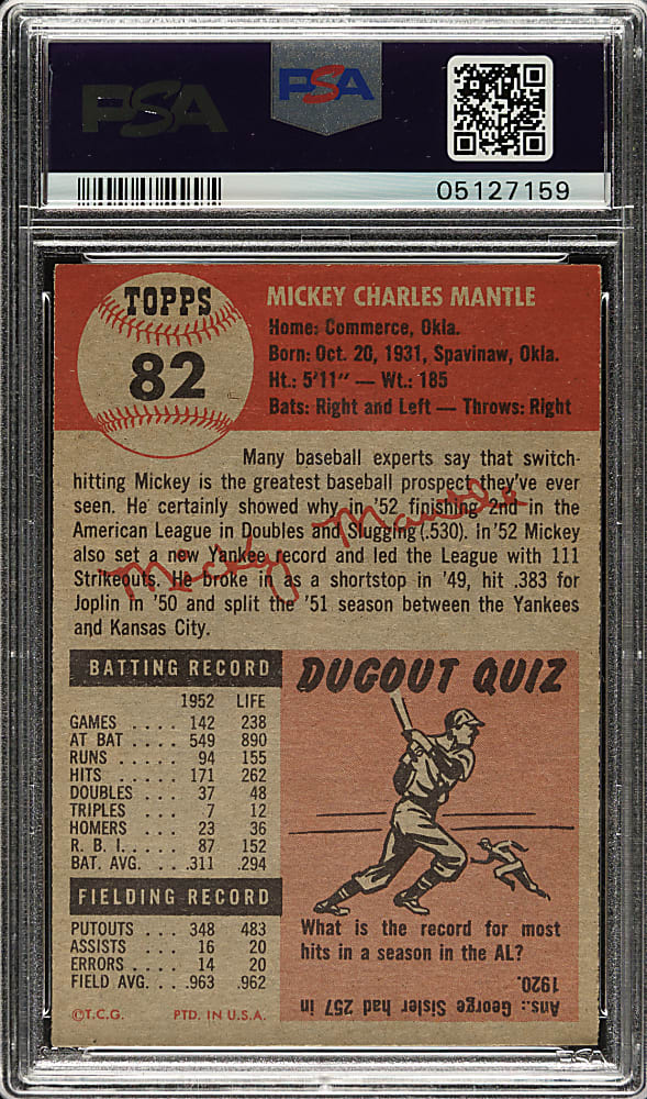 1953 Topps #82 Mickey Mantle PSA NM 7