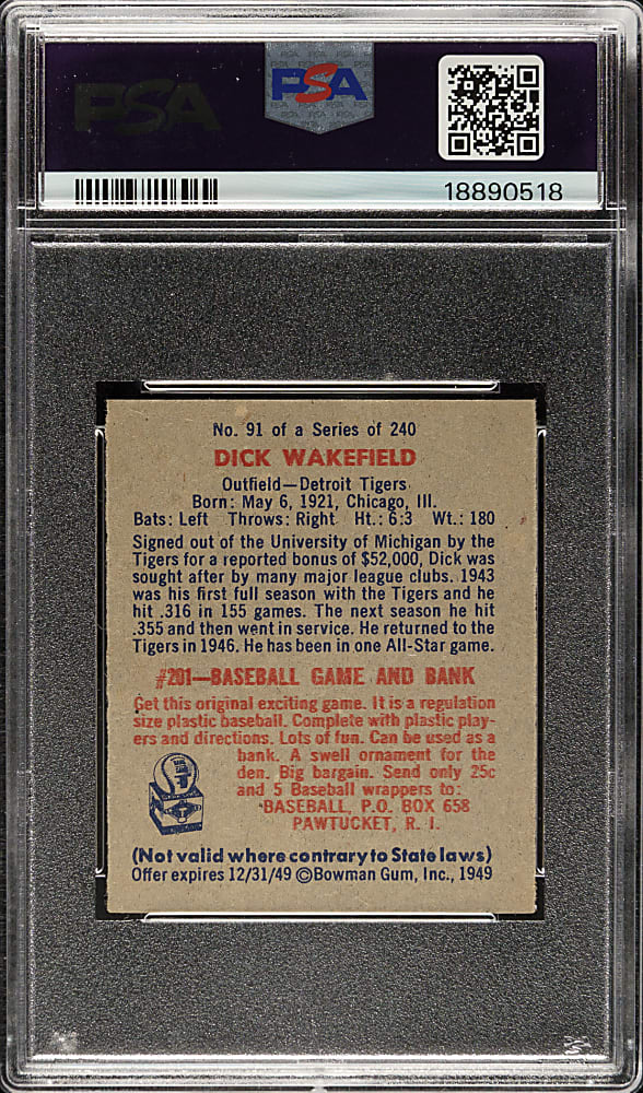 1949 Bowman #91 Dick Wakefield PSA MINT 9 - Highest Graded!