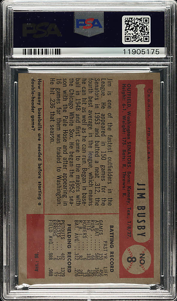 1954 Bowman #8 Jim Busby PSA MINT 9 - 1 of 4 - Highest Graded!