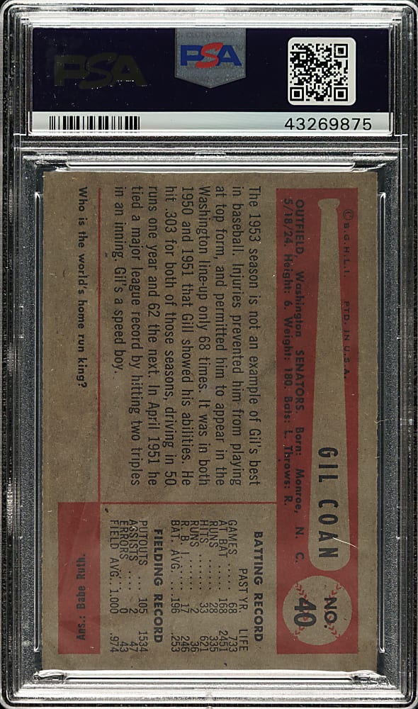 1954 Bowman #40 Gil Coan PSA MINT 9 - 1 of 4 - Highest Graded!