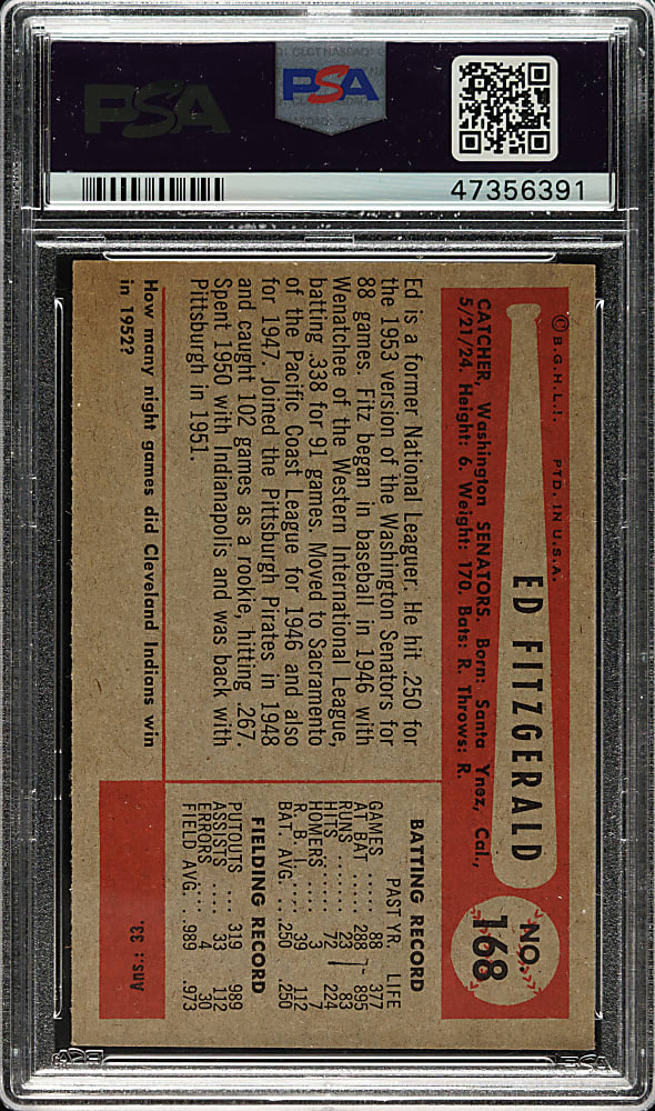 1954 Bowman #168 Ed Fitzgerald PSA MINT 9 - Highest Graded!