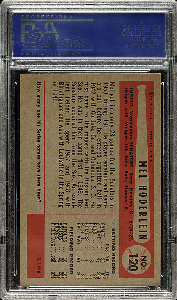 1954 Bowman #120 Mel Hoderlein PSA MINT 9