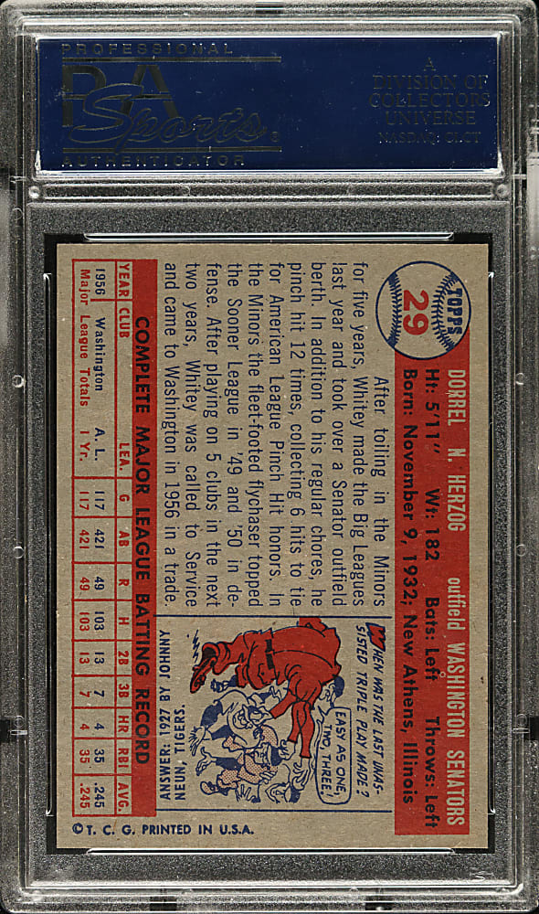 1957 Topps #29 Whitey Herzog Rookie PSA MINT 9
