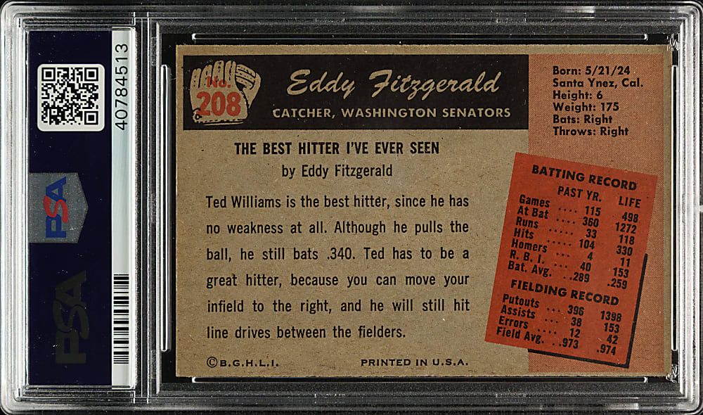 1955 Bowman #208 Eddy Fitzgerald PSA MINT 9 - Highest Graded!