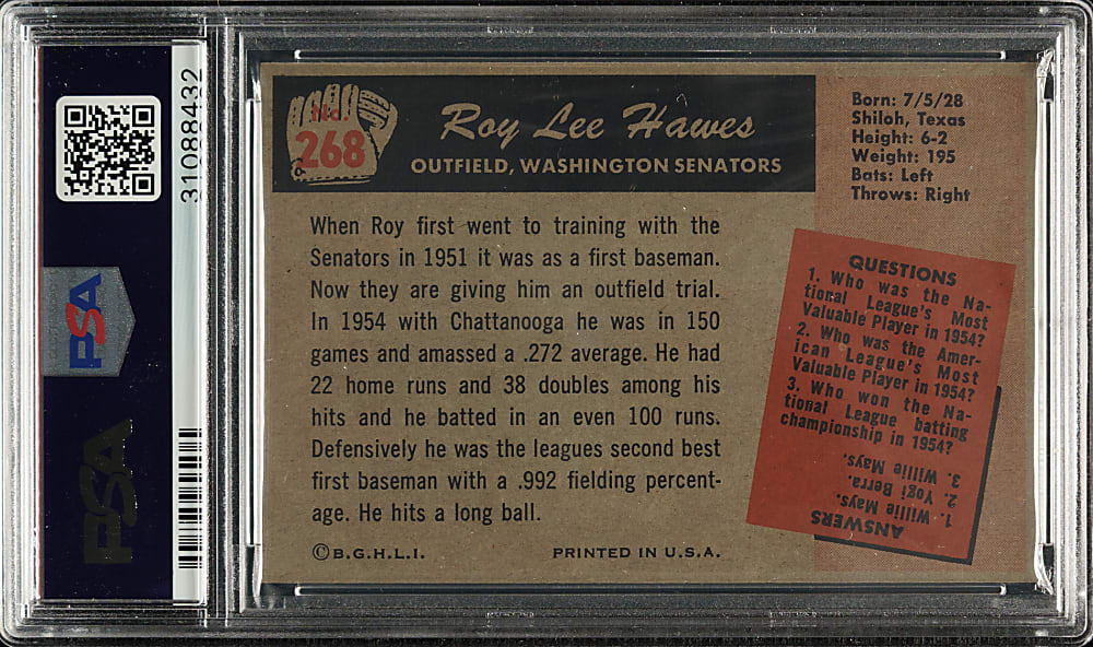 1955 Bowman #268 Roy Lee Hawes PSA MINT 9 - 1 of 3 - Highest Graded!
