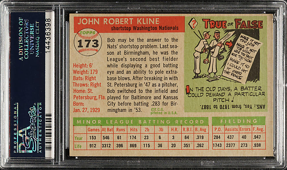 1955 Topps #173 Bob Kline PSA MINT 9 - Highest Graded!