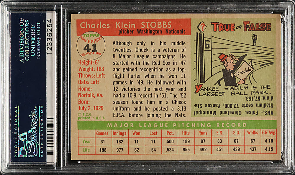 1955 Topps #41 Chuck Stobbs PSA MINT 9 - Highest Graded!