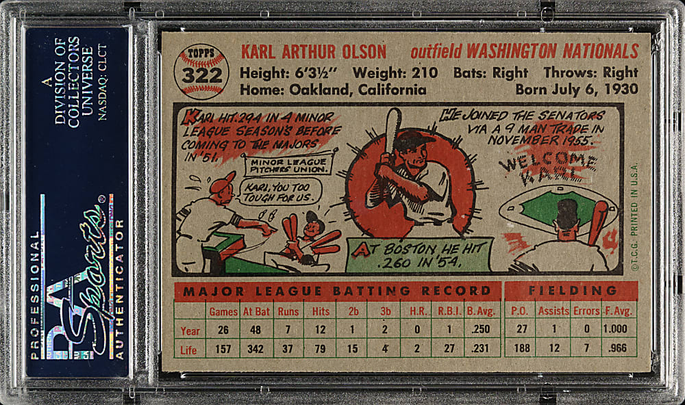 1956 Topps #322 Karl Olson PSA MINT 9 - Highest Graded!
