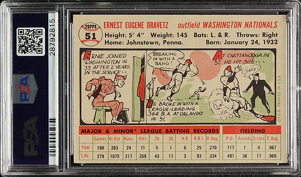 1956 Topps #51 Ernie Oravetz White Back PSA MINT 9 - Highest Graded!