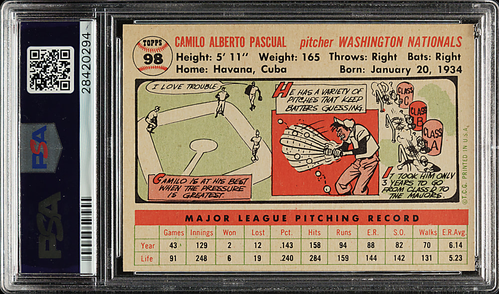 1956 Topps #98 Camilo Pascual White Back PSA MINT 9