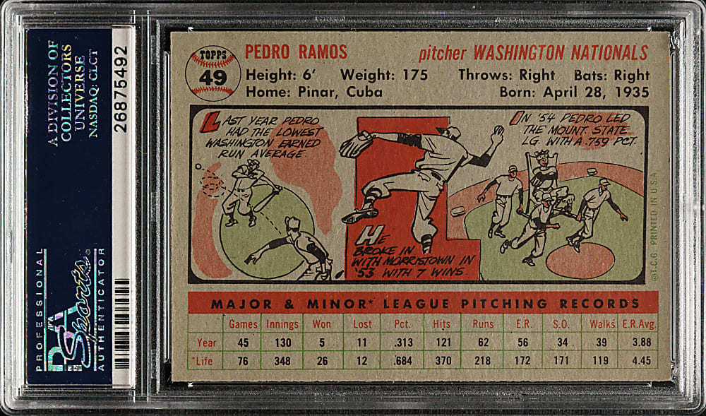 1956 Topps #49 Pedro Ramos Gray Back PSA MINT 9 - Highest Graded!