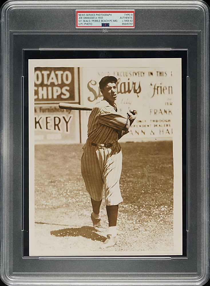 Circa 1958-1962 Joe DiMaggio in 1933 United Press International Photograph PSA/DNA Type IV - Image Used for 1935 Pebble Beach Clothiers Postcard