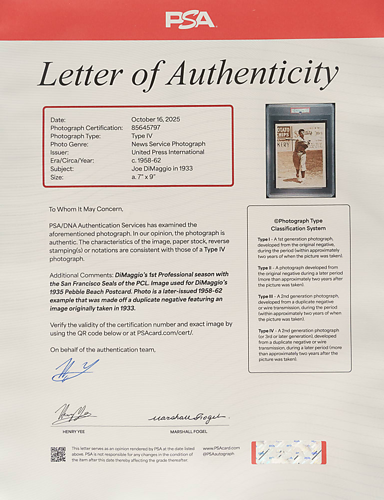 Circa 1958-1962 Joe DiMaggio in 1933 United Press International Photograph PSA/DNA Type IV - Image Used for 1935 Pebble Beach Clothiers Postcard