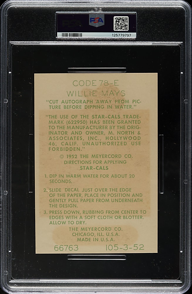 1952 Star-Cal Decals Type 1 #78-E Willie Mays (No Envelope) PSA VG 3 - 1 of 1 - Highest Graded!