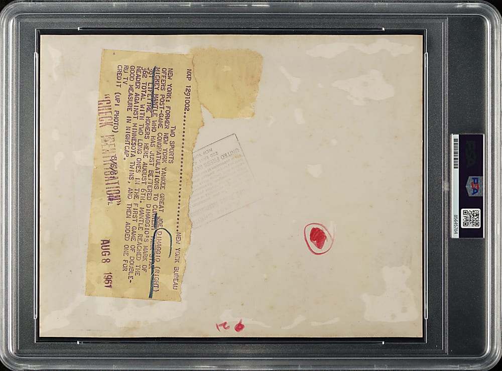 1961 Mickey Mantle and Joe DiMaggio Original United Press International Photograph PSA/DNA Type I