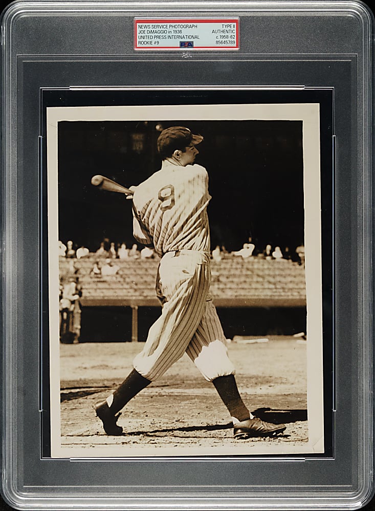 Circa 1958-1962 Joe DiMaggio United Press International Photograph PSA/DNA Type II - Picturing Rookie-Era DiMaggio with #9 in 1936