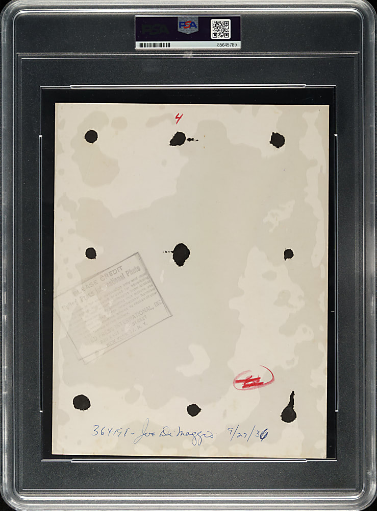 Circa 1958-1962 Joe DiMaggio United Press International Photograph PSA/DNA Type II - Picturing Rookie-Era DiMaggio with #9 in 1936