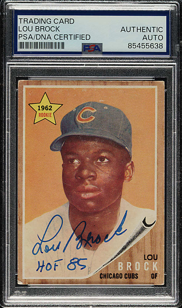 Signed 1962 Topps #387 Lou Brock Rookie with "HOF 85" Inscription - PSA/DNA