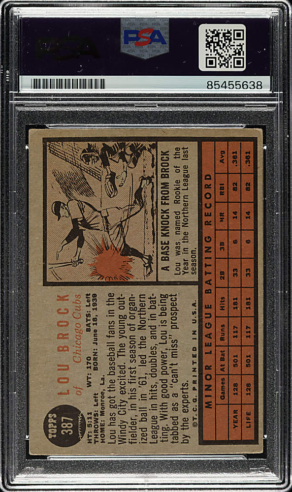 Signed 1962 Topps #387 Lou Brock Rookie with "HOF 85" Inscription - PSA/DNA