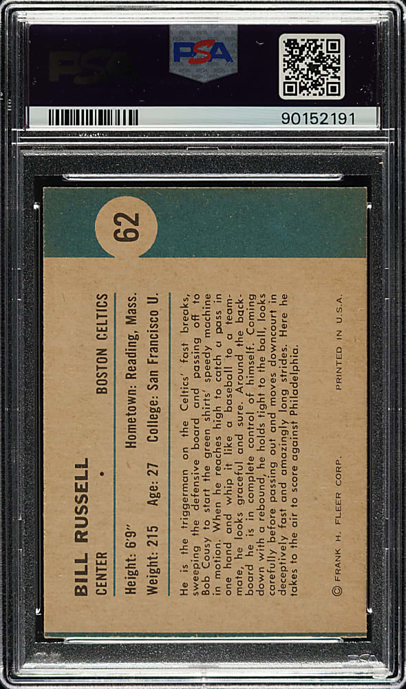 1961-1962 Fleer Basketball #62 Bill Russell In Action PSA NM-MT 8 (MC)