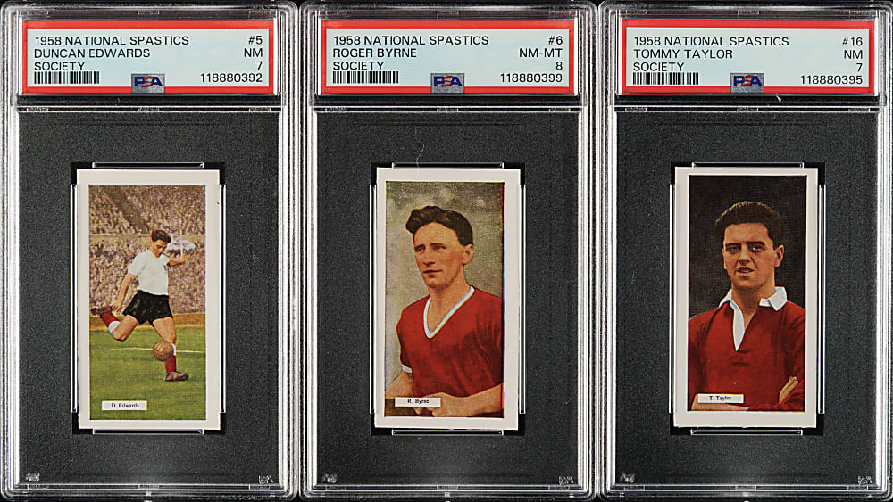 1958 National Spastics Society Soccer Manchester United PSA-Graded Trio: Taylor, Byrne, and Edwards