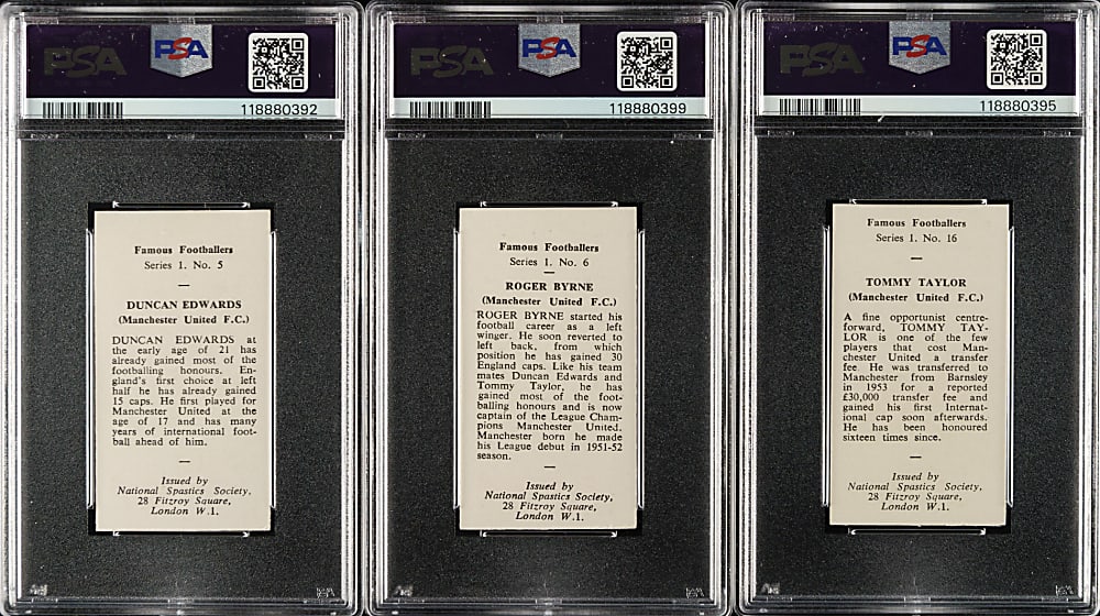 1958 National Spastics Society Soccer Manchester United PSA-Graded Trio: Taylor, Byrne, and Edwards