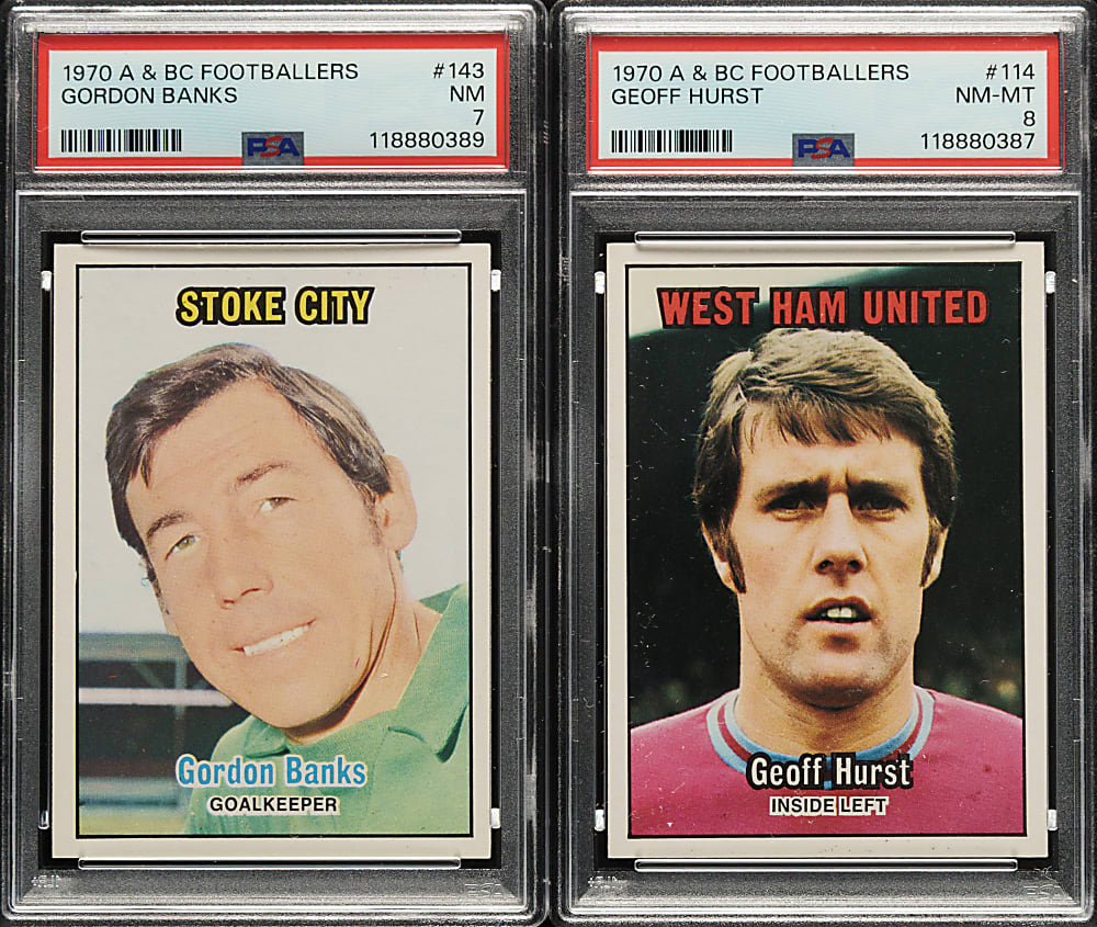 1970 A & BC Footballers Soccer #114 Geoff Hurst PSA NM-MT 8 and #143 Gordon Banks PSA NM 7