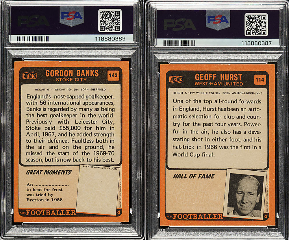 1970 A & BC Footballers Soccer #114 Geoff Hurst PSA NM-MT 8 and #143 Gordon Banks PSA NM 7