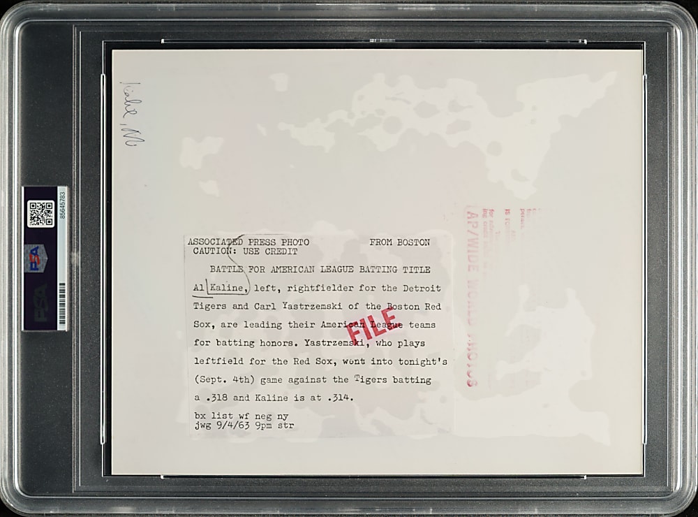 Circa 1980s Al Kaline and Carl Yastrzemski Wide World Photos News Service Photograph PSA/DNA Type II