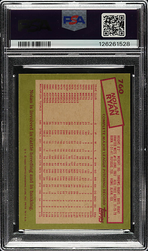 1985 Topps Mini Test #760 Nolan Ryan PSA MINT 9