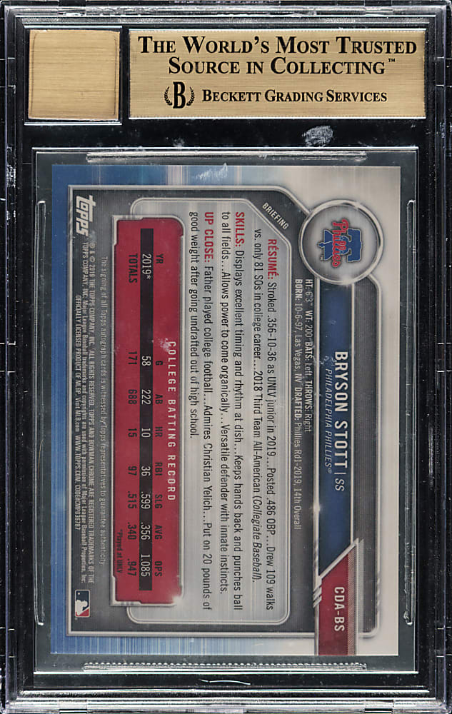 2019 Bowman Chrome Draft Autograph #CDA-BS Bryson Stott Black Refractor #30/75 BGS GEM MINT 10 with GEM 10 Signature