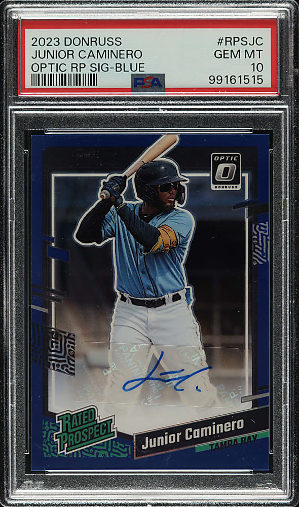 2023 Panini Donruss Optic Rated Prospect Signatures #RPS-JC Junior Caminero Rookie Blue #2/75 PSA GEM MINT 10