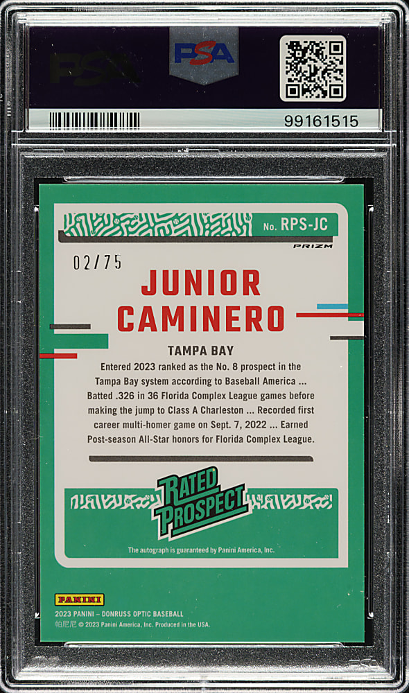 2023 Panini Donruss Optic Rated Prospect Signatures #RPS-JC Junior Caminero Rookie Blue #2/75 PSA GEM MINT 10