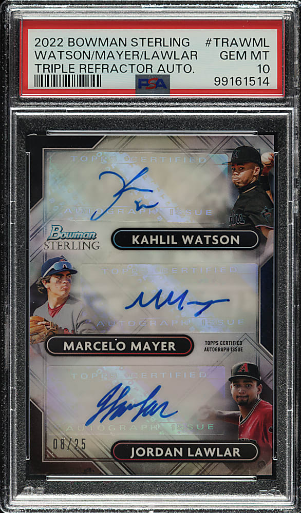 2022 Bowman Sterling Triple Refractor Autographs #TRA-WML Kahlil Watson, Marcelo Mayer, Jordan Lawlar #8/25 PSA GEM MINT 10