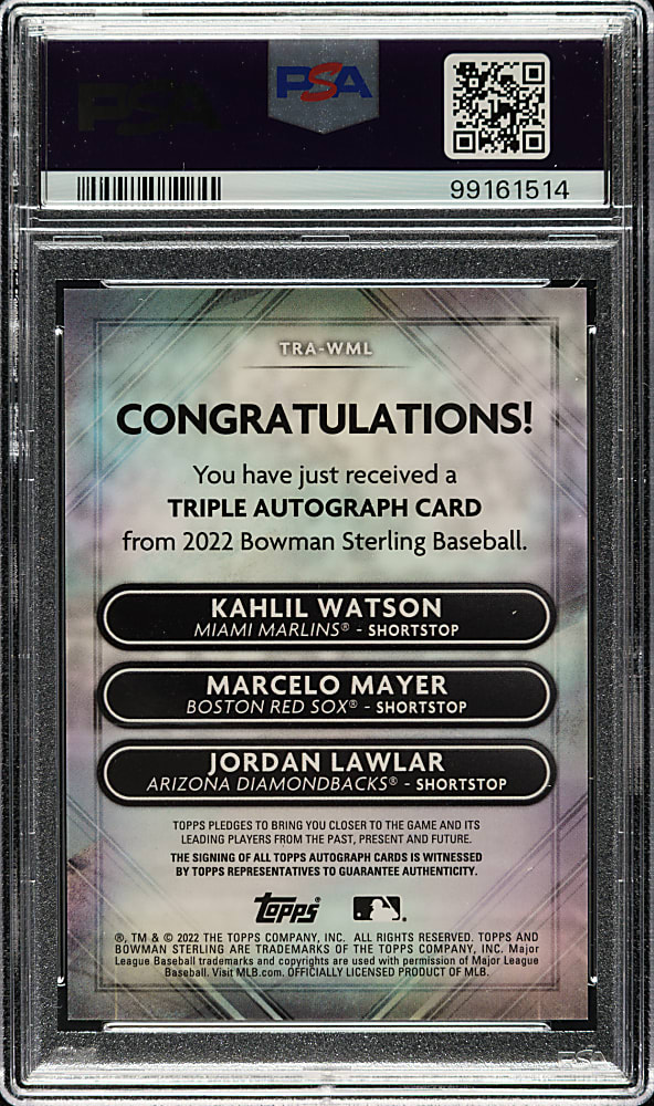 2022 Bowman Sterling Triple Refractor Autographs #TRA-WML Kahlil Watson, Marcelo Mayer, Jordan Lawlar #8/25 PSA GEM MINT 10