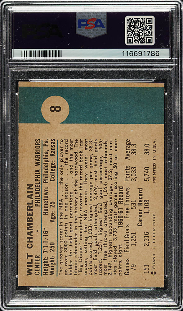 1961-1962 Fleer Basketball #8 Wilt Chamberlain Rookie PSA EX 5