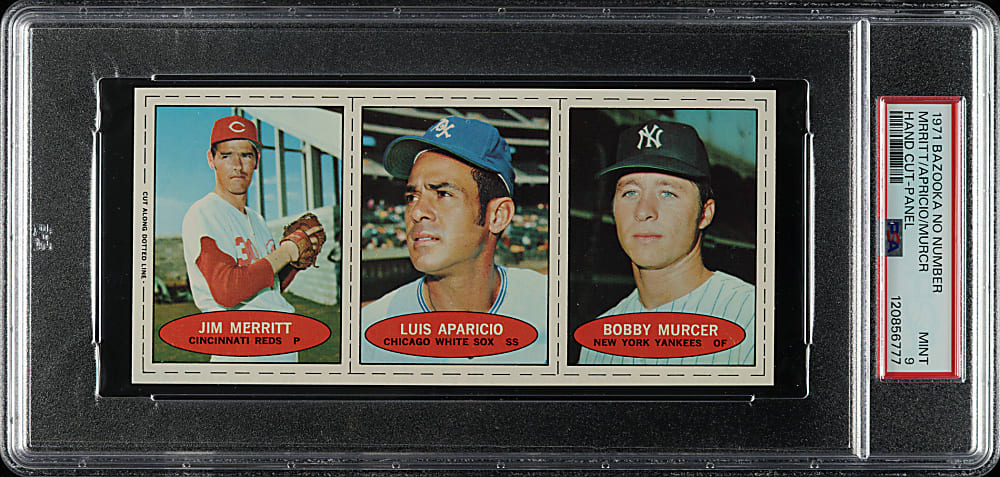 1971 Bazooka Unnumbered Panel Luis Aparicio/Jim Merritt/Bobby Murcer PSA MINT 9