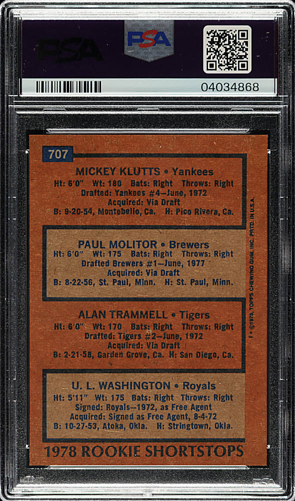 1978 Topps #707 Paul Molitor and Alan Trammell Rookie PSA GEM MINT 10