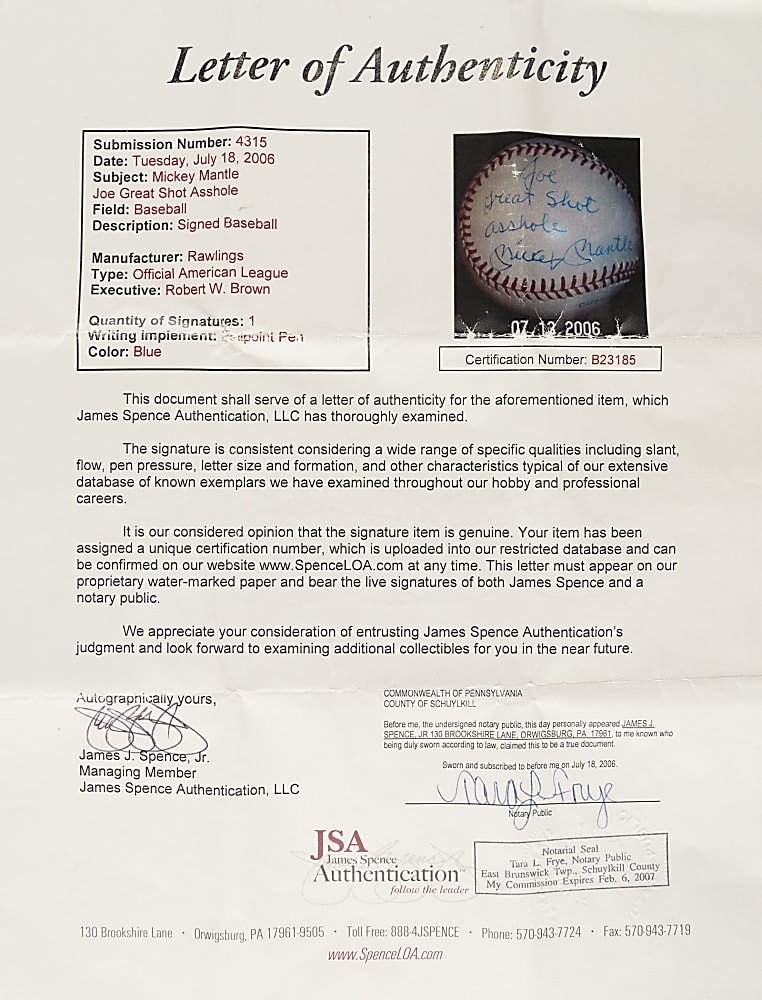 Mickey Mantle Single-Signed Baseball with Profanity Inscription - JSA