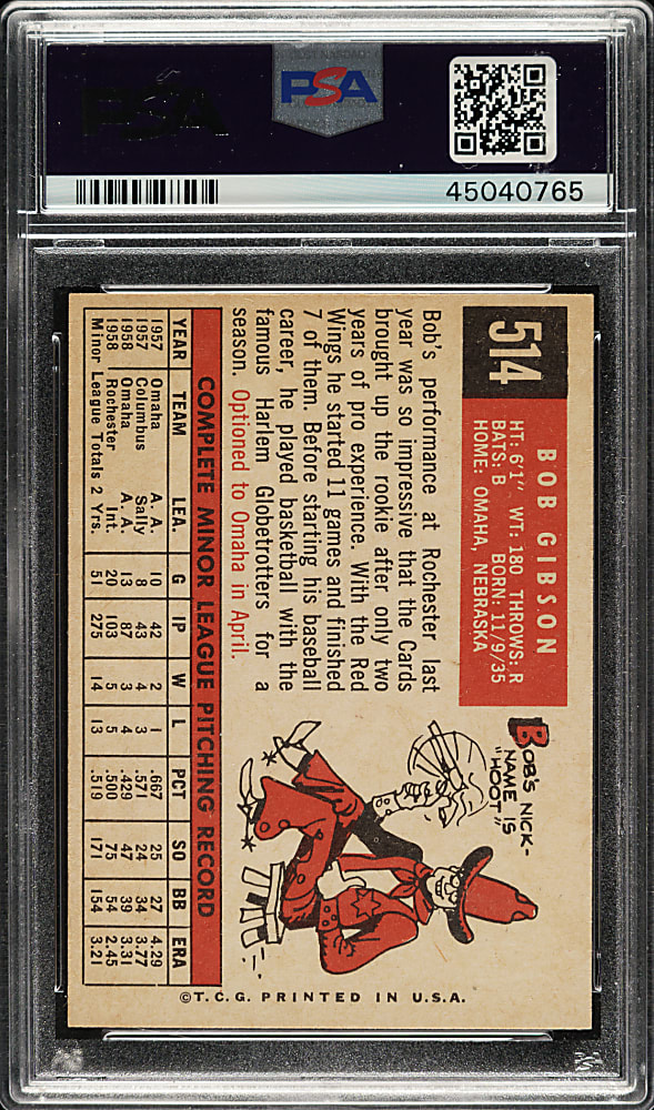 1959 Topps #514 Bob Gibson Rookie PSA NM 7