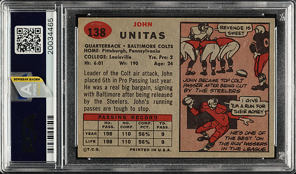 1957 Topps Football #138 Johnny Unitas Rookie PSA NM 7