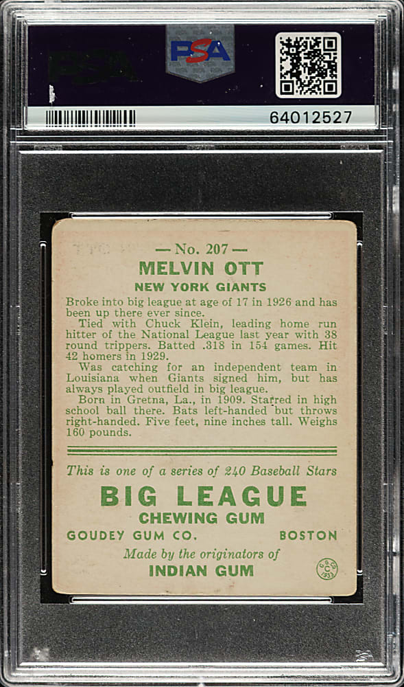 1933 R319 Goudey #207 Mel Ott PSA VG-EX 4