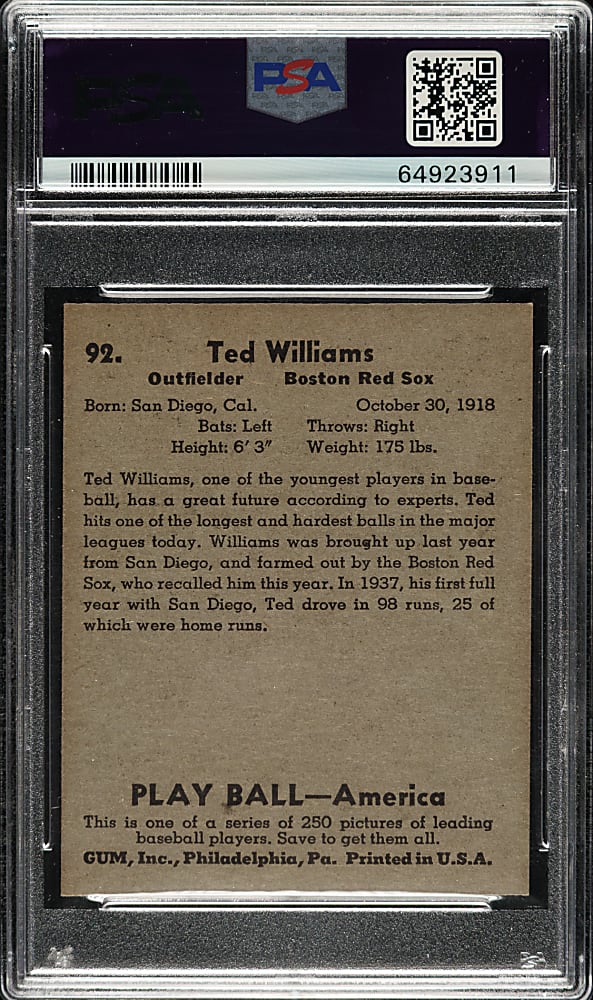 1939 R334 Play Ball #92 Ted Williams Rookie PSA NM 7