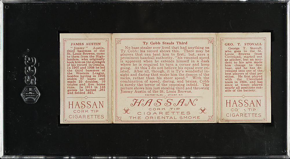 1912 T202 Hassan Triple Folder "Ty Cobb Steals Third" Austin/Stovall SGC GOOD+ 2.5